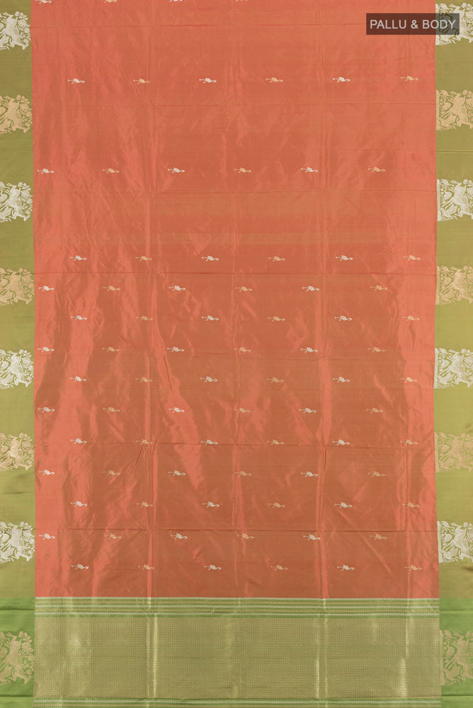 Flat view of Peach Banarasi Katan Silk Saree with Zari Butta on the body and Silk Border. 
