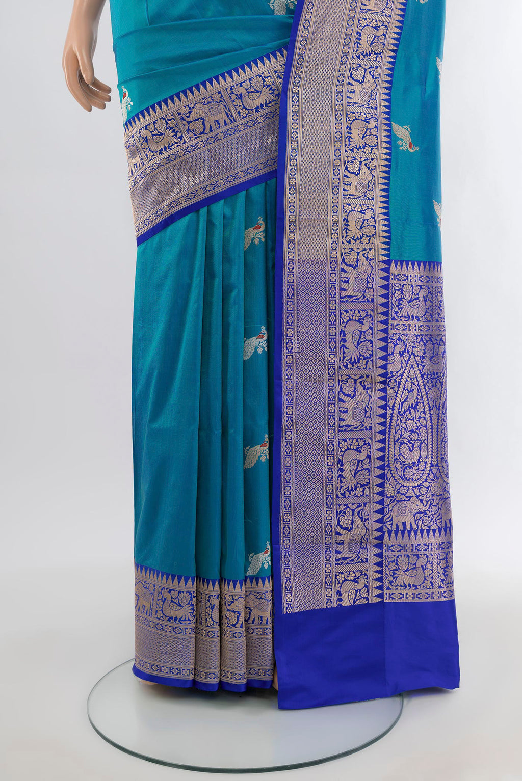 Pleats and pallu of Light Blue Banarasi Katan Silk Saree with Zari Butta on the body and Zari Border. 