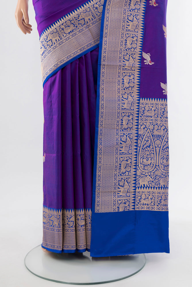 Pleats and pallu of Violet Banarasi Katan Silk Saree with Zari Butta on the body and Silk Border. 