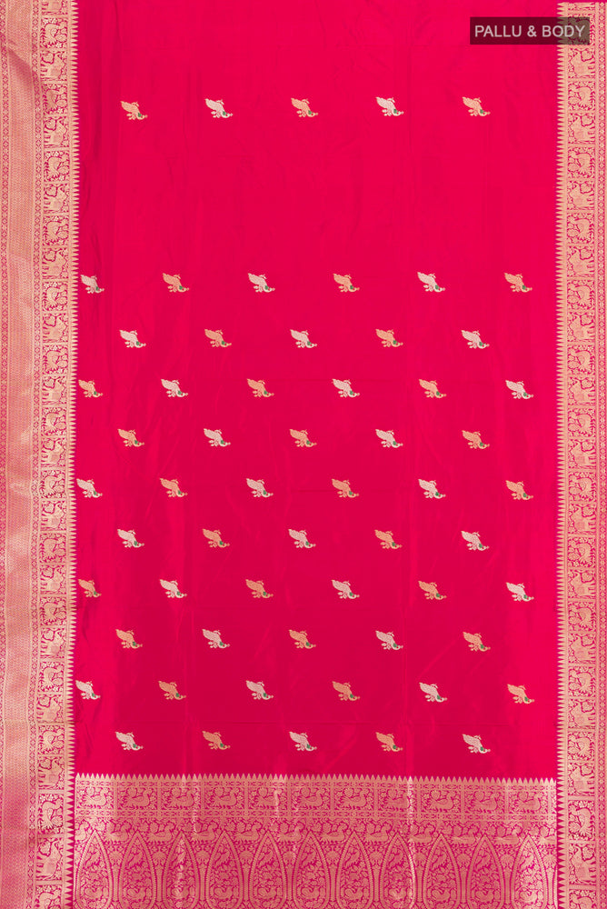 Flat view of Dark Pink Banarasi Katan Silk Saree with Zari Butta on the body and Silk Border. 