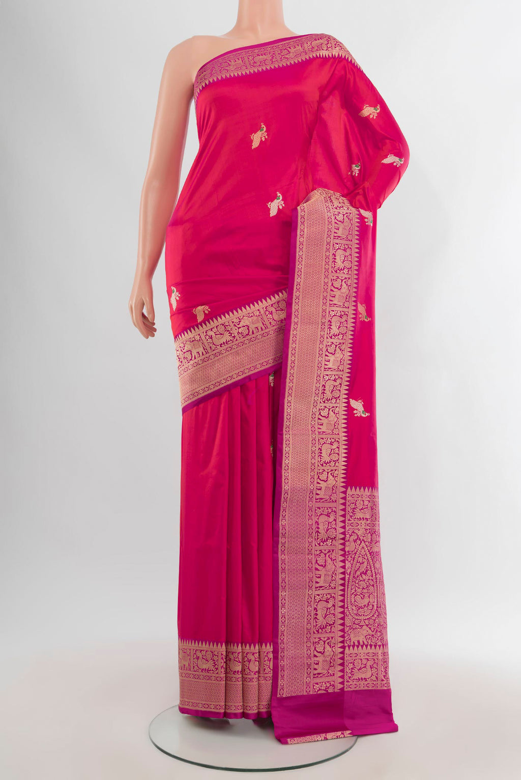 Pink Banarasi Katan Silk Saree with Zari Butta on the body and Zari Border.  displayed on a mannequin