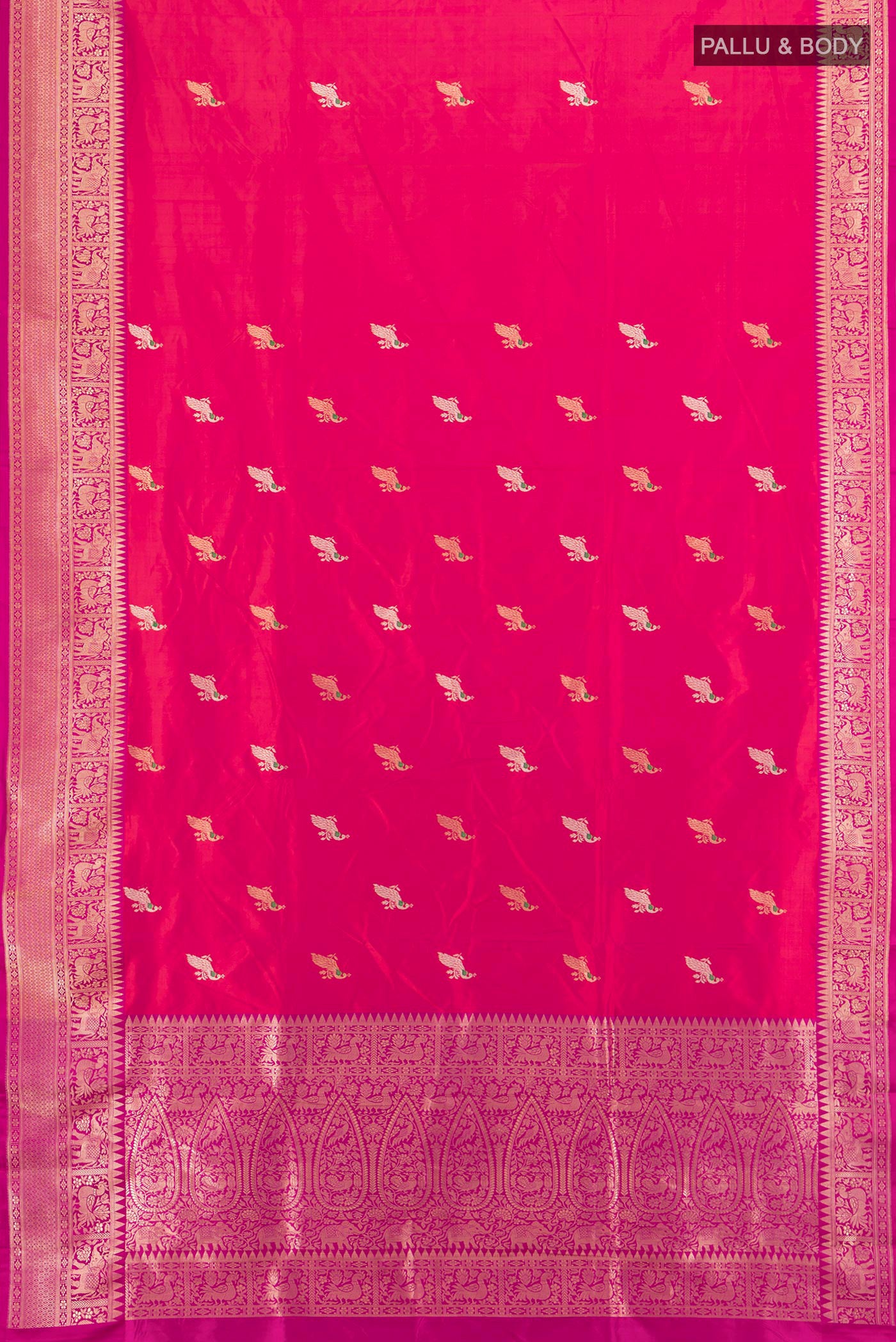 Flat view of Pink Banarasi Katan Silk Saree with Zari Butta on the body and Zari Border. 