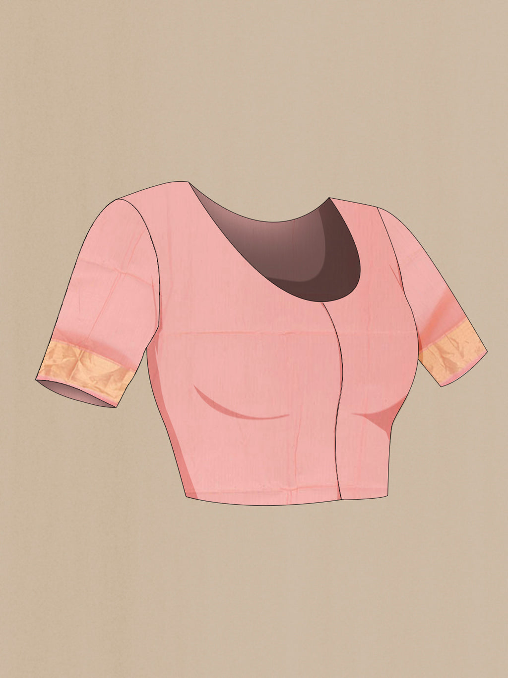 Close up image of the blouse of Peach Maheshwari Cotton Saree with Plain Body and Zari Border. 
