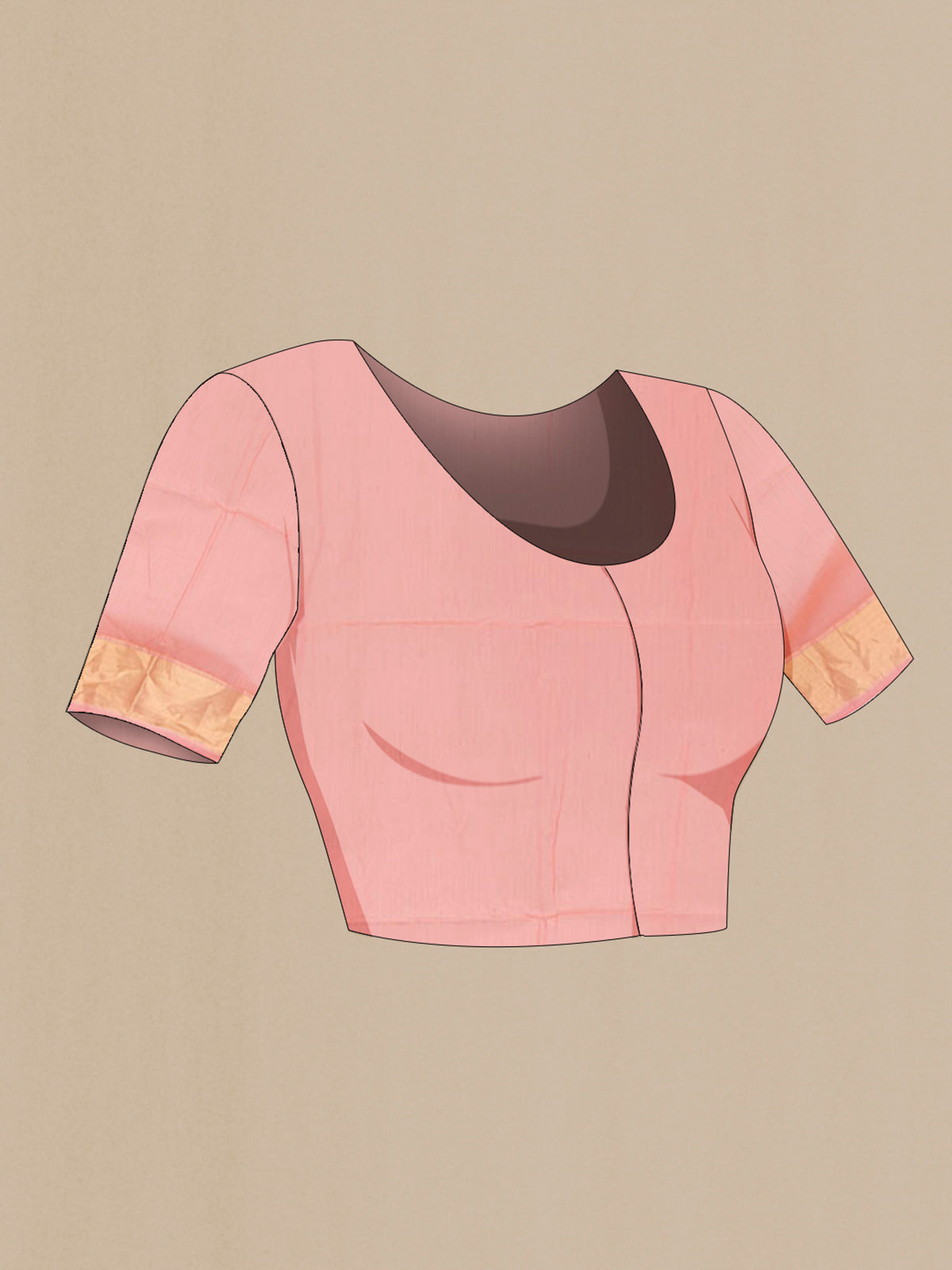 Close up image of the blouse of Peach Maheshwari Cotton Saree with Plain Body and Zari Border. 