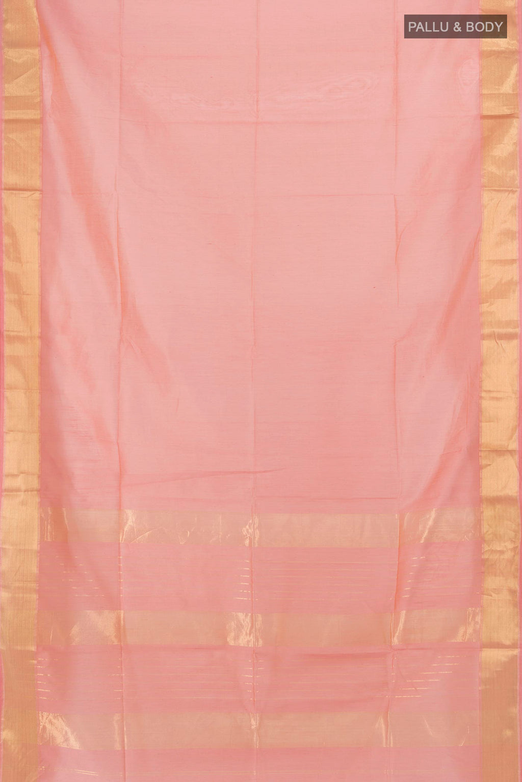 Flat view of Peach Maheshwari Cotton Saree with Plain Body and Zari Border. 