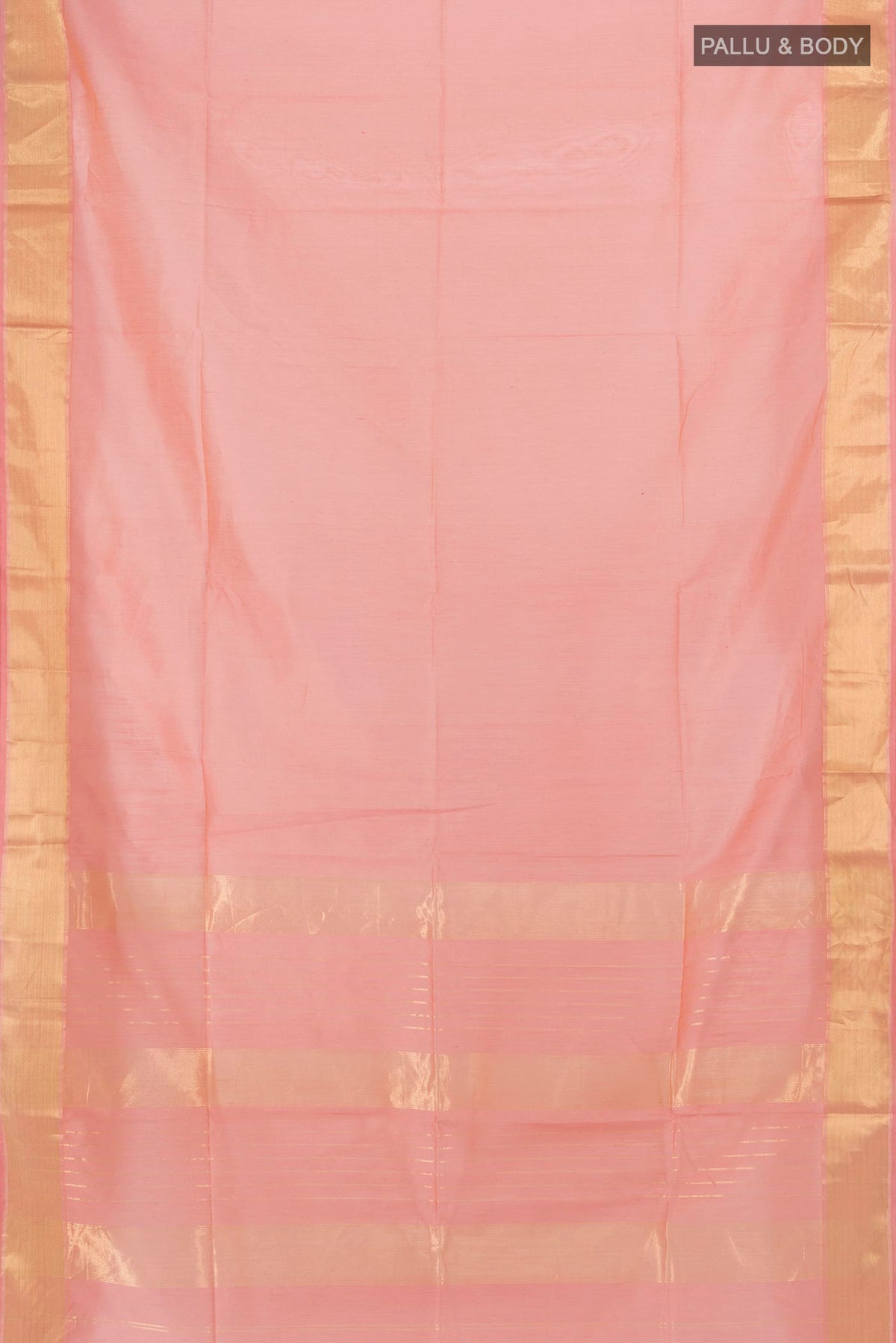 Flat view of Peach Maheshwari Cotton Saree with Plain Body and Zari Border. 