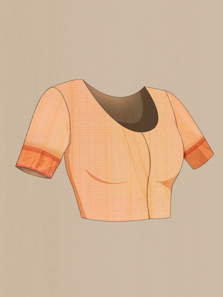 Close up image of the blouse of Mustard Maheshwari Silk Cotton Saree with Checked design on the body and Silk Border. 