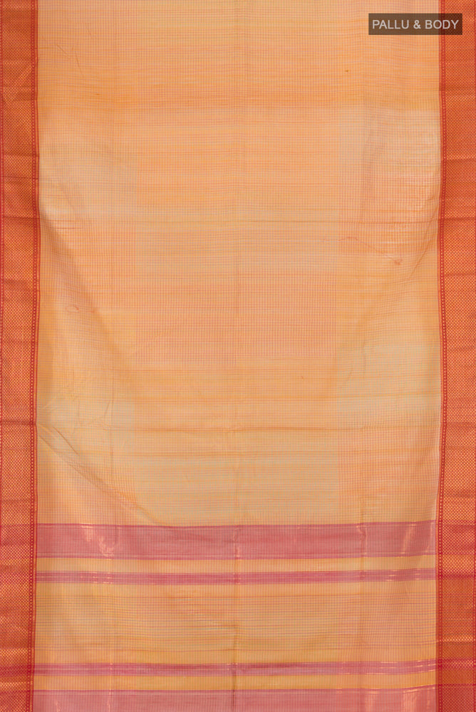 Flat view of Mustard Maheshwari Silk Cotton Saree with Checked design on the body and Silk Border. 