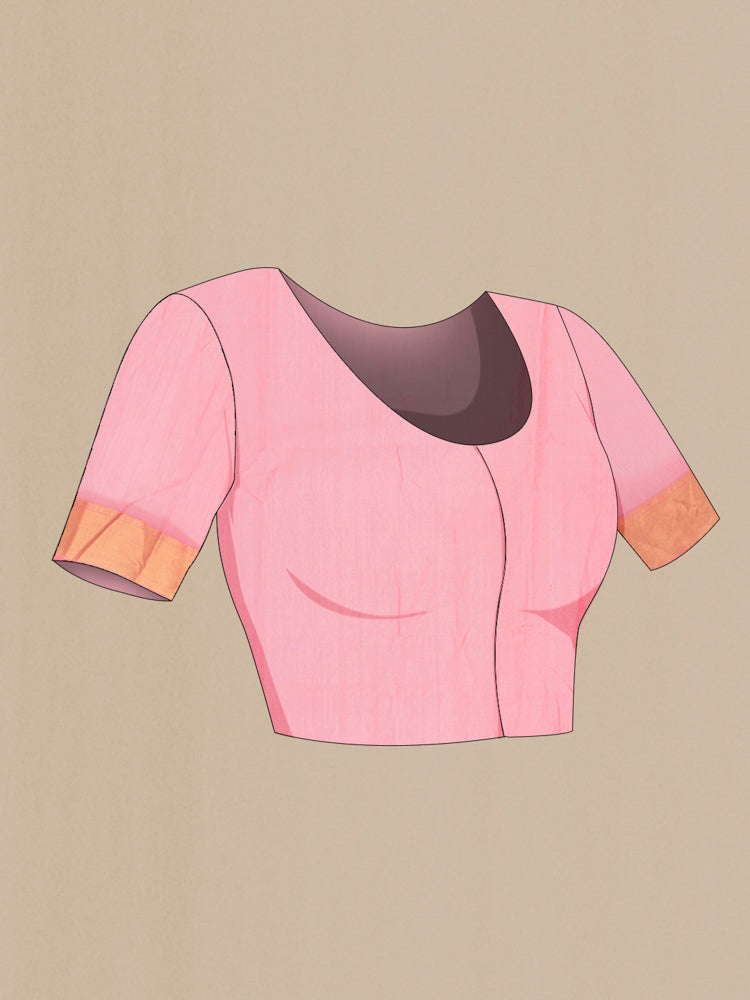 Close up image of the blouse of Rose pink Maheshwari Silk Cotton Saree with Checked design on the body and Silk Border. 