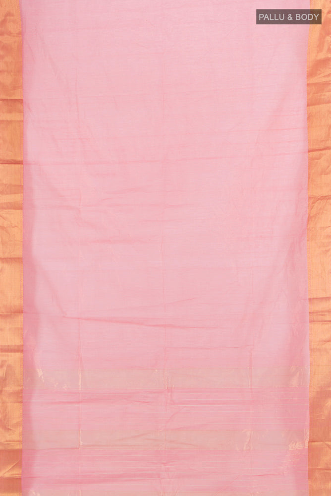 Flat view of Rose pink Maheshwari Silk Cotton Saree with Checked design on the body and Silk Border. 