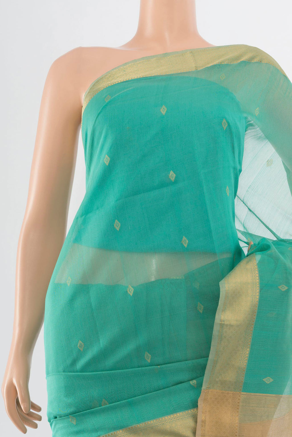 Border image of Sky Blue Maheshwari Silk Cotton Saree with Zari Butta on the body and Silk Border. 