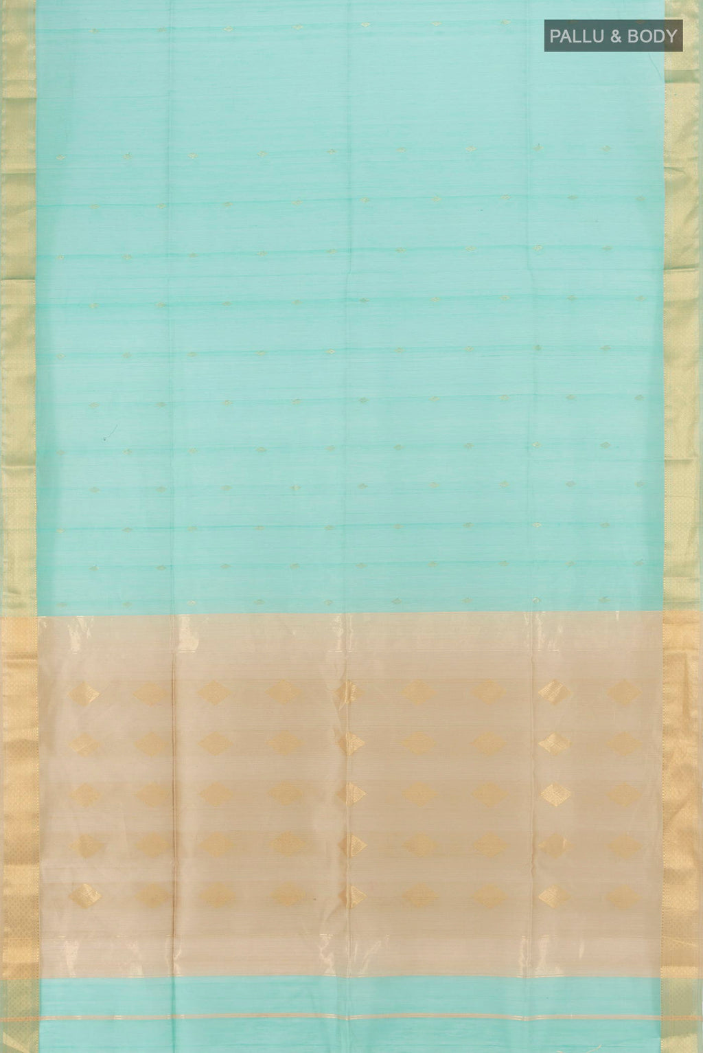 Flat view of Sky Blue Maheshwari Silk Cotton Saree with Zari Butta on the body and Silk Border. 