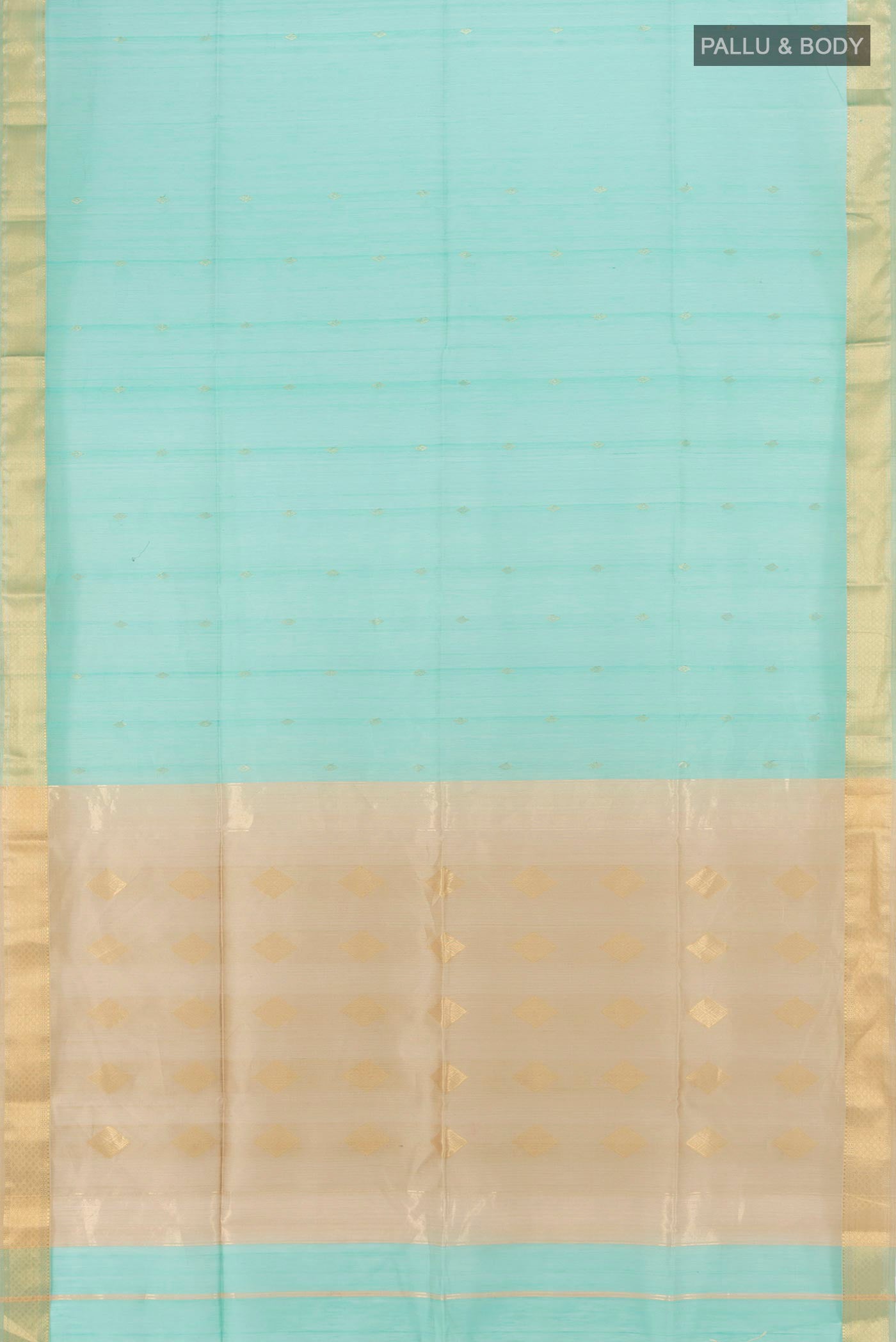 Flat view of Sky Blue Maheshwari Silk Cotton Saree with Zari Butta on the body and Silk Border. 