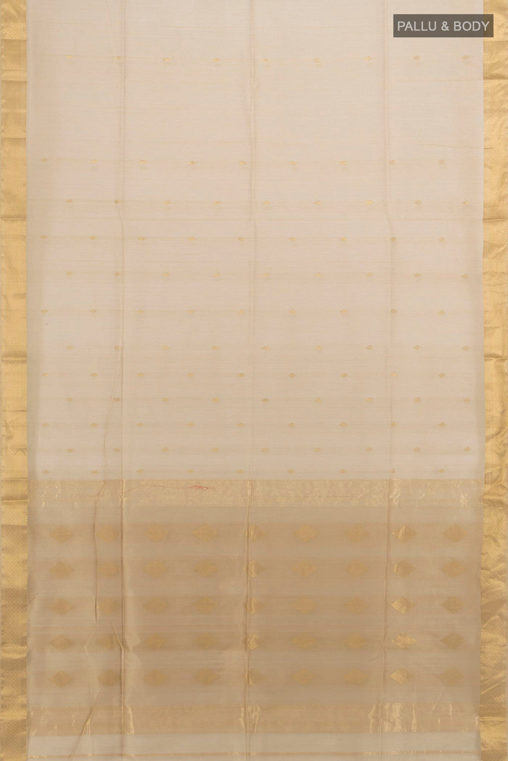 Flat view of Beige Maheshwari Cotton Saree with Zari Butta on the body and Zari Border. 
