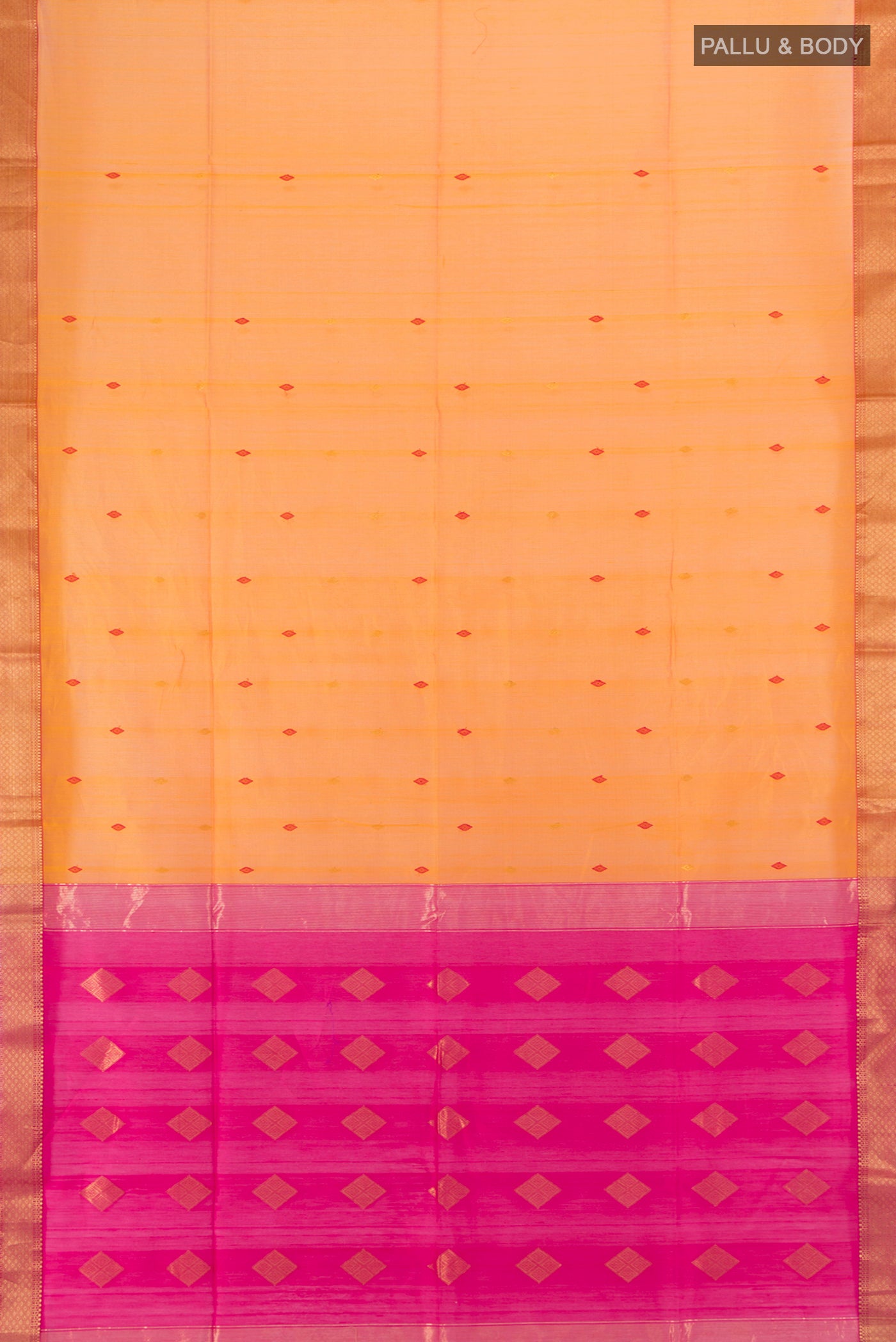 Flat view of Mustard Maheshwari Silk Cotton Saree with Zari And Thread Butta on the body and Zari Border. 