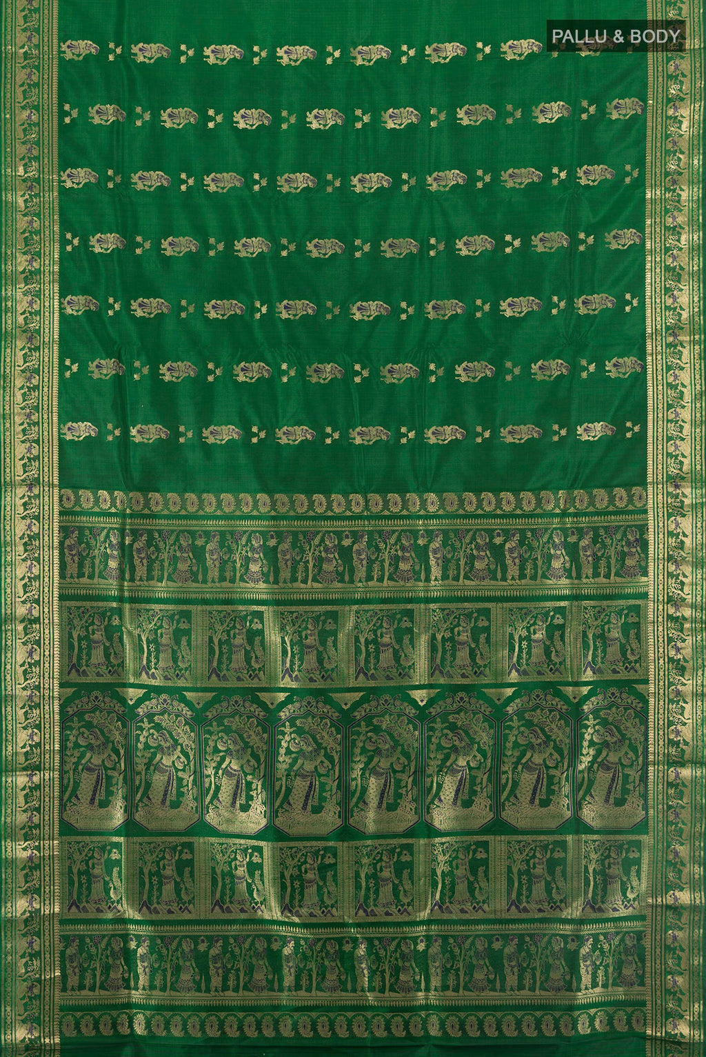 Flat view of Pure Silk Green Baluchari Saree with Zari And Thread Butta on the body and Zari Border. 