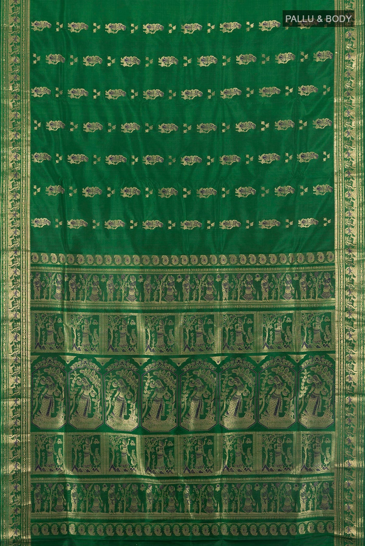 Flat view of Pure Silk Green Baluchari Saree with Zari And Thread Butta on the body and Zari Border. 