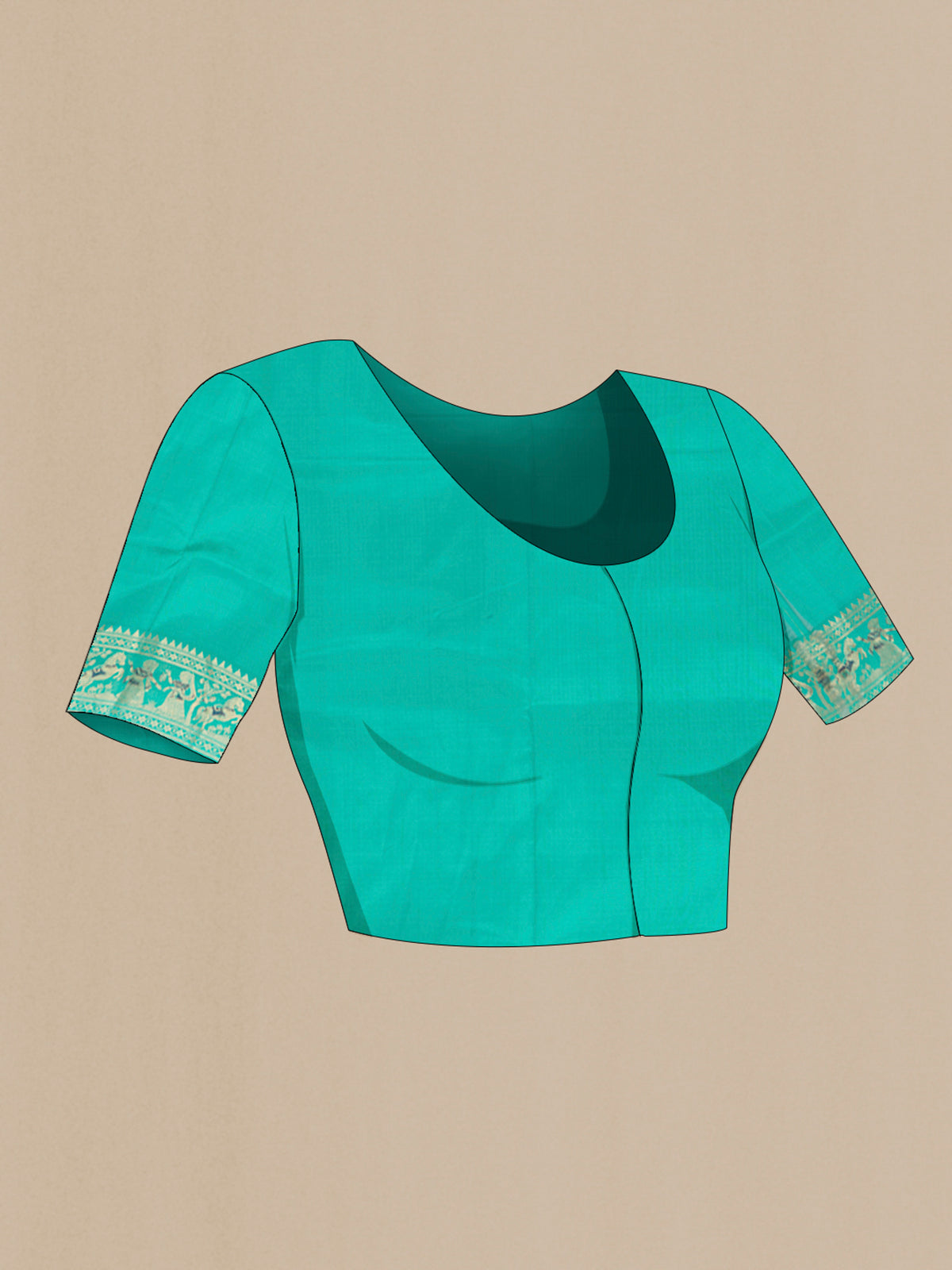 Close up image of the blouse of Turquoise Baluchari Silk Saree with Zari And Thread Butta on the body and Zari Border. 