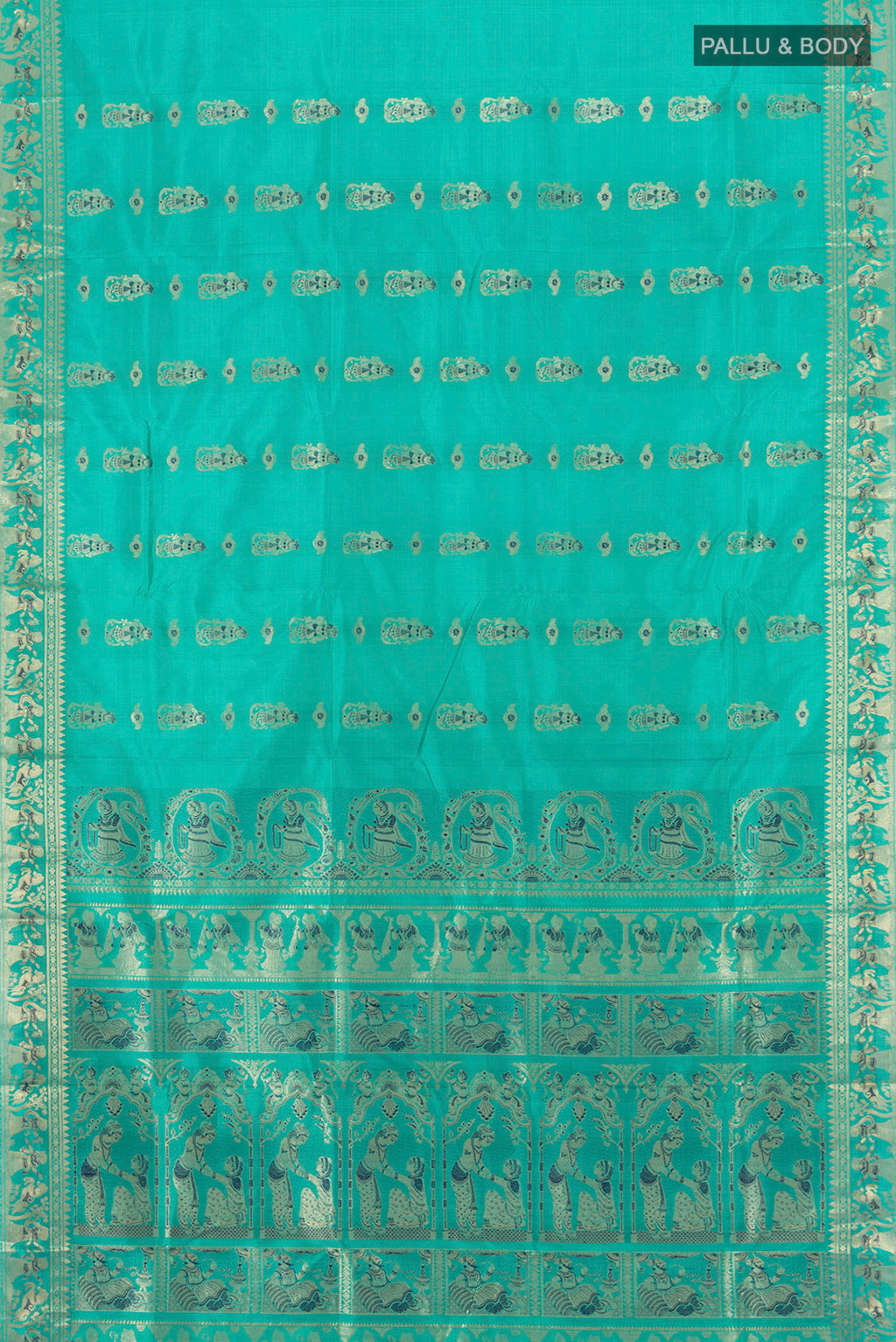 Flat view of Turquoise Baluchari Silk Saree with Zari And Thread Butta on the body and Zari Border. 
