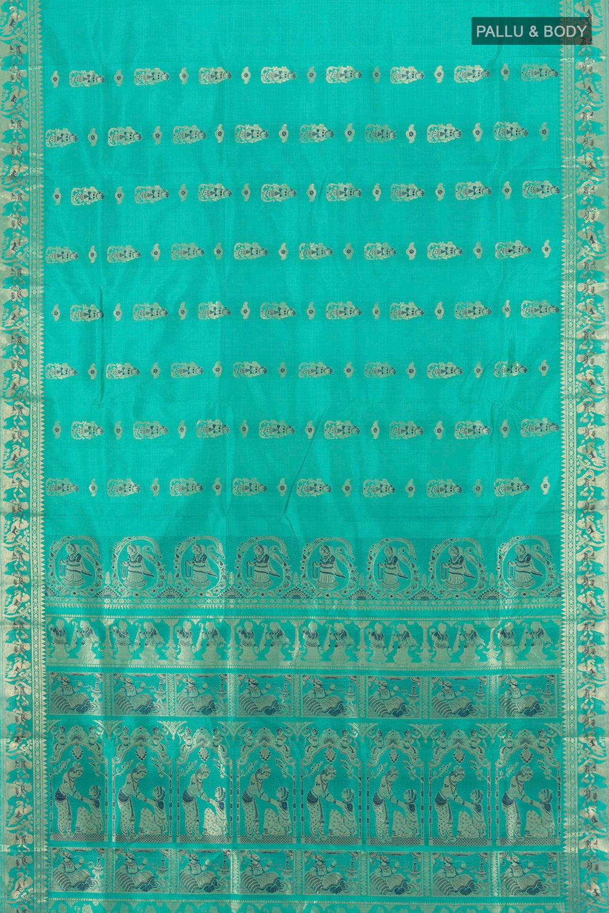 Flat view of Turquoise Baluchari Silk Saree with Zari And Thread Butta on the body and Zari Border. 