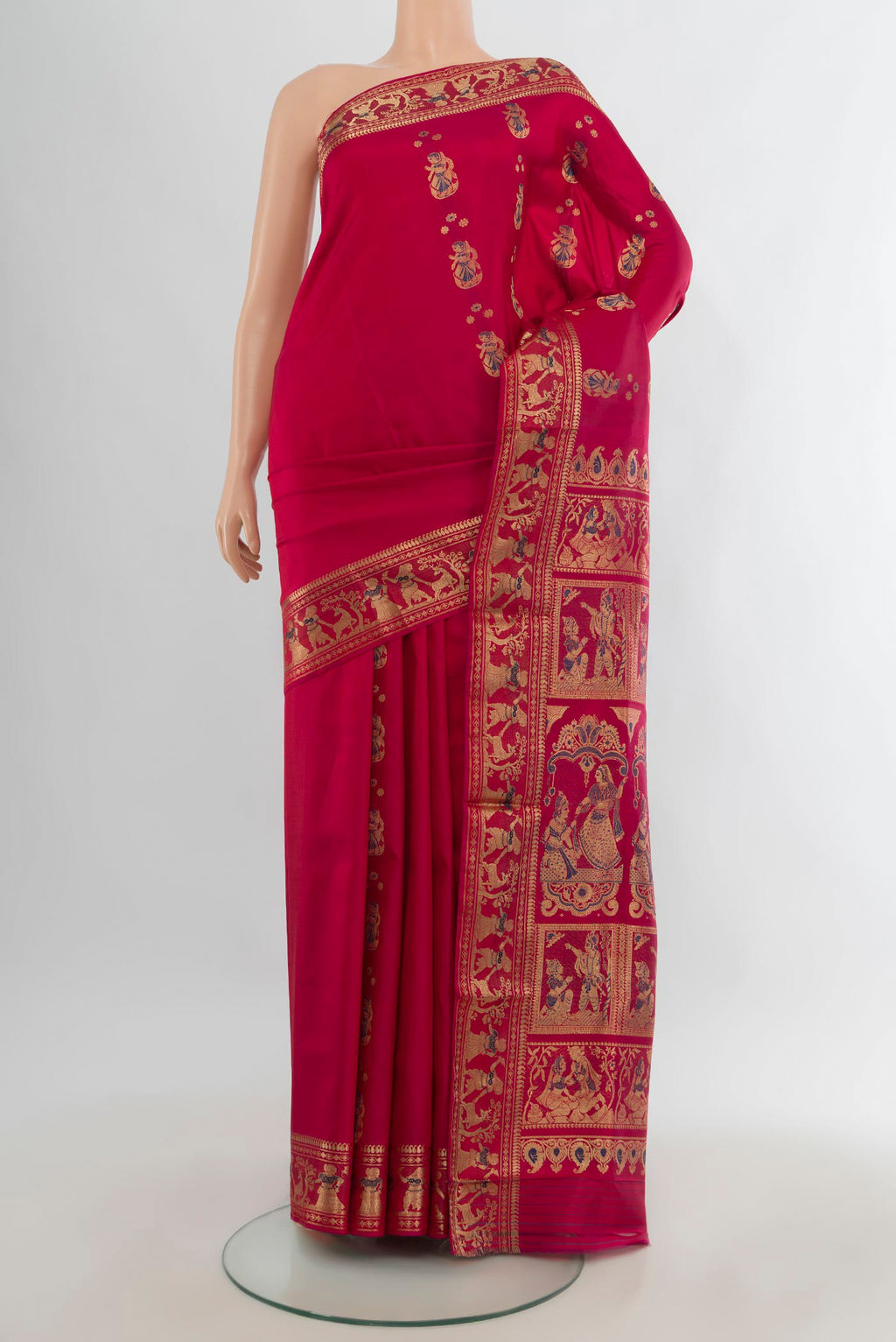 Pure Silk Red Baluchari Saree with Thread Butta on the body and Thread Border.  displayed on a mannequin