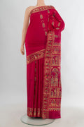 Pure Silk Red Baluchari Saree with Thread Butta on the body and Thread Border.  displayed on a mannequin