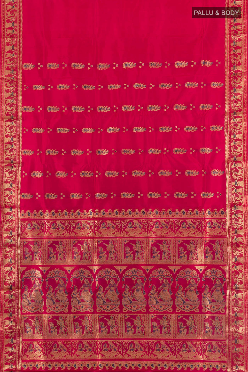 Flat view of Pure Silk Red Baluchari Saree with Thread Butta on the body and Thread Border. 