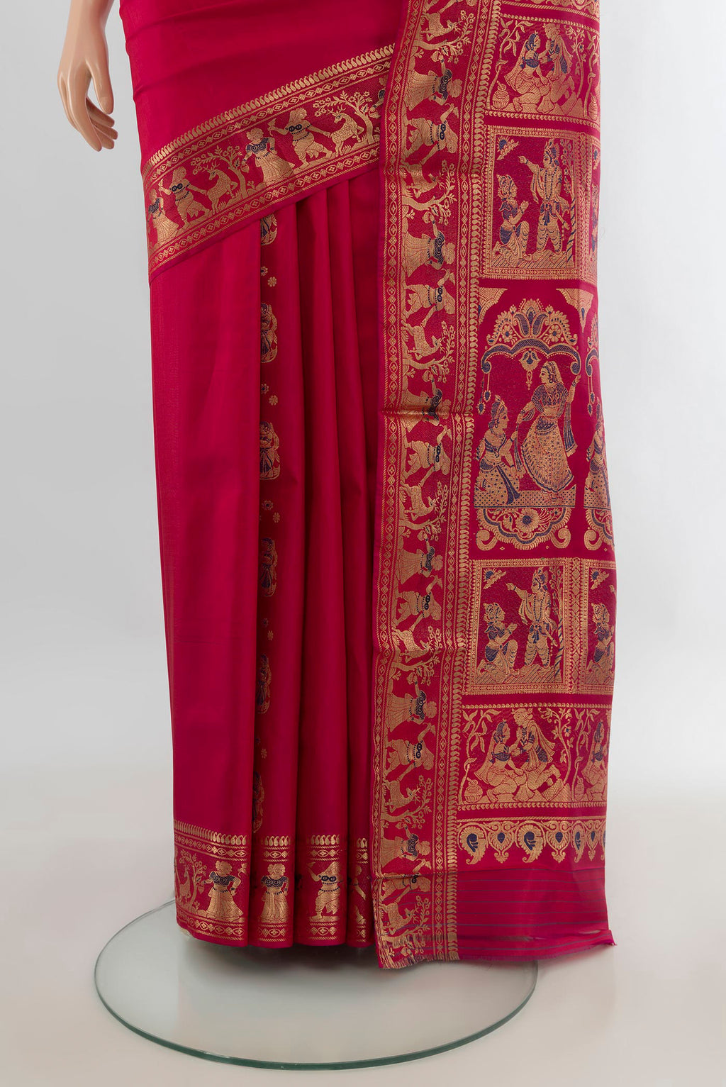 Pleats and pallu of Pure Silk Red Baluchari Saree with Thread Butta on the body and Thread Border. 