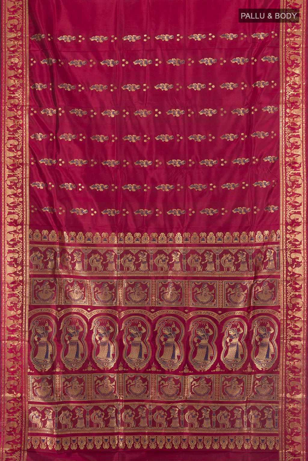 Flat view of Pure Silk Maroon Baluchari Saree with Zari Butta on the body and Zari Border. 