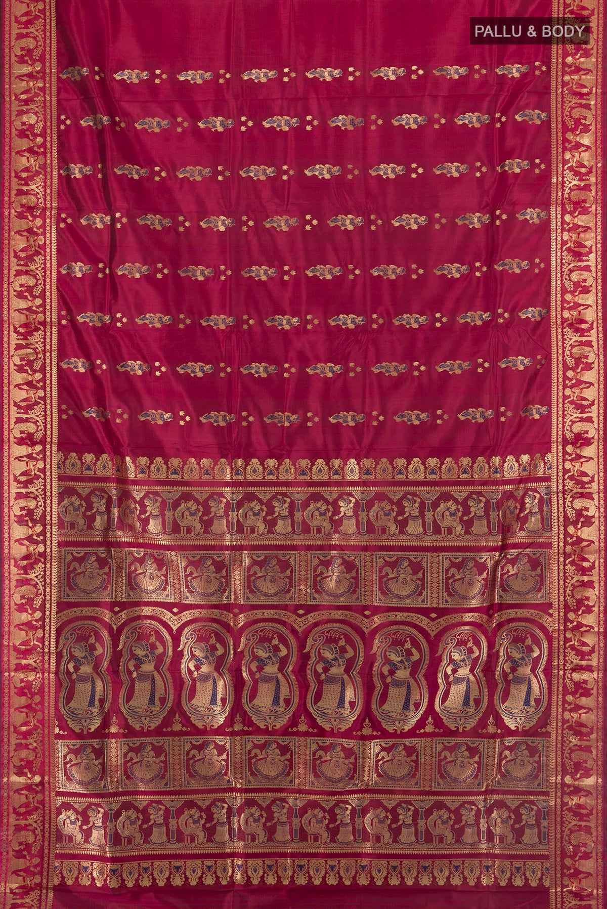 Flat view of Pure Silk Maroon Baluchari Saree with Zari Butta on the body and Zari Border. 
