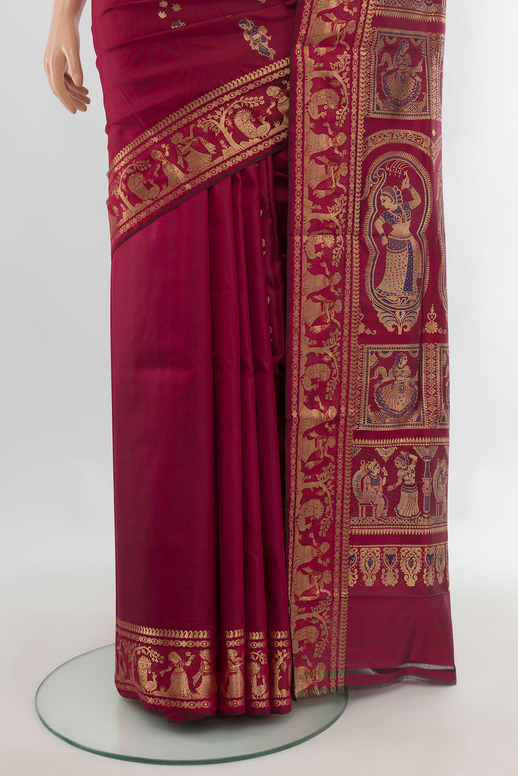 Pleats and pallu of Pure Silk Maroon Baluchari Saree with Zari Butta on the body and Zari Border. 
