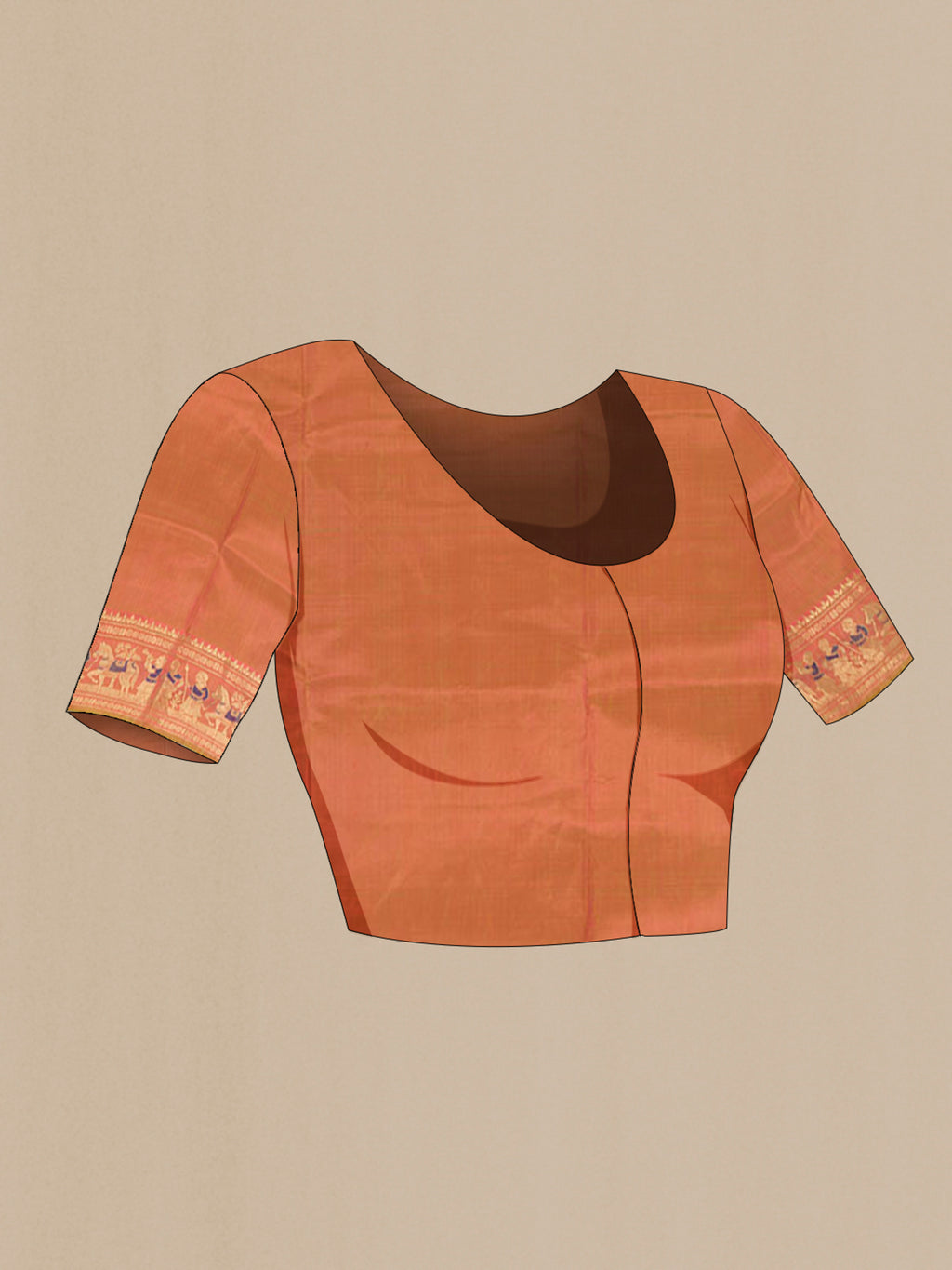 Close up image of the blouse of Peach Baluchari Silk Saree with Zari Butta on the body and Silk Border. 