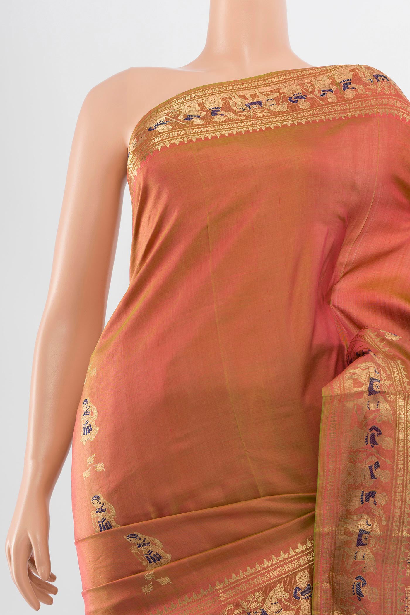 Border image of Peach Baluchari Silk Saree with Zari Butta on the body and Silk Border. 