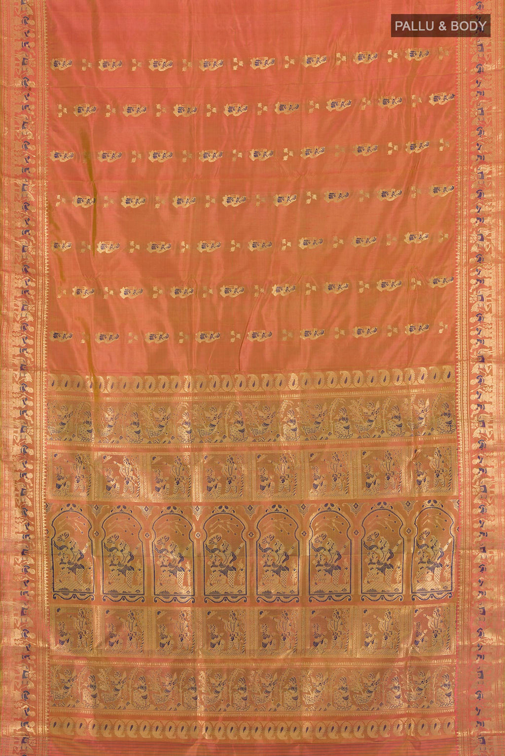 Flat view of Peach Baluchari Silk Saree with Zari Butta on the body and Silk Border. 