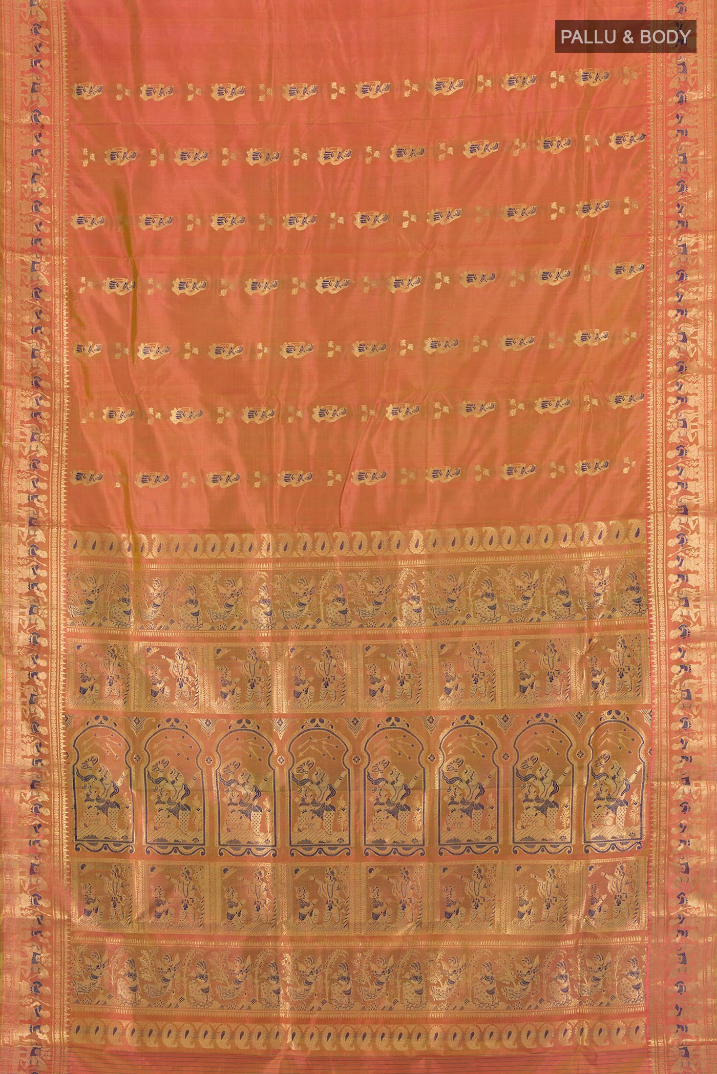 Flat view of Peach Baluchari Silk Saree with Zari Butta on the body and Silk Border. 