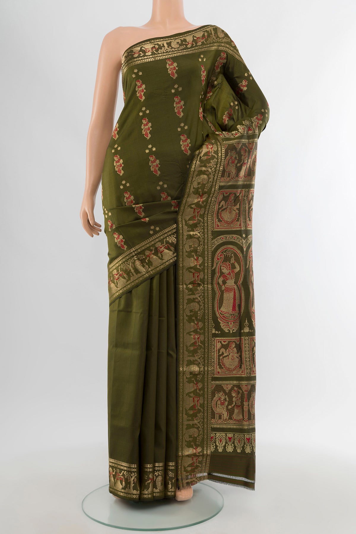 Mehandi Green Baluchari Silk Saree with Zari Butta on the body and Zari Border.  displayed on a mannequin