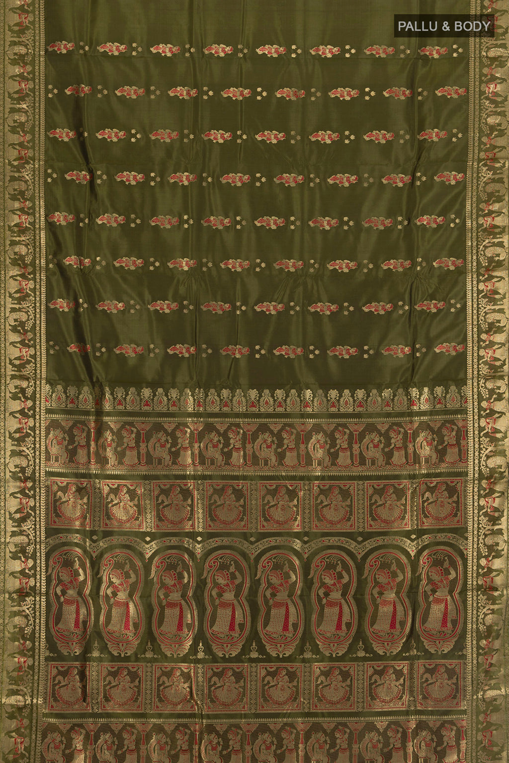 Flat view of Mehandi Green Baluchari Silk Saree with Zari Butta on the body and Zari Border. 