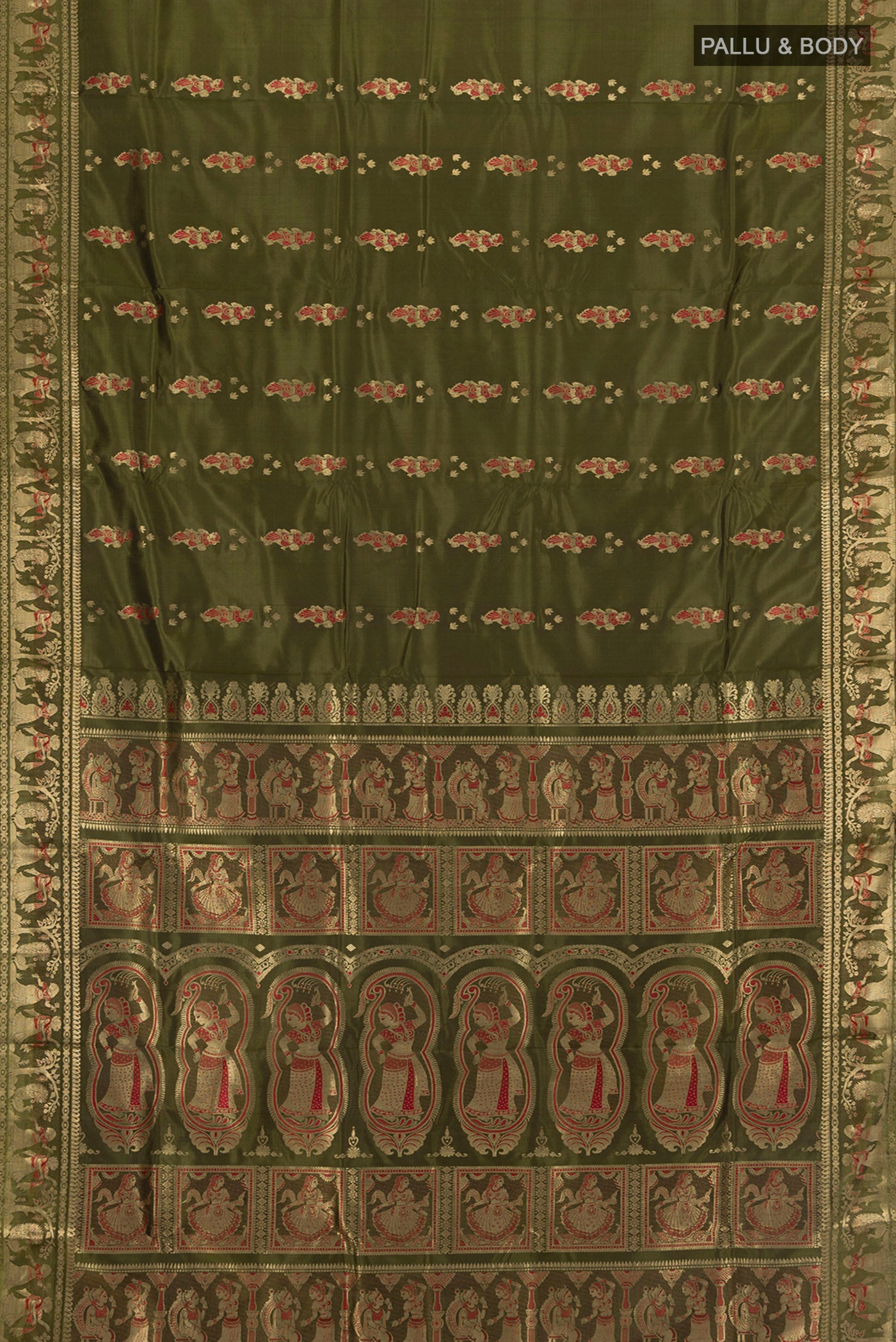 Flat view of Mehandi Green Baluchari Silk Saree with Zari Butta on the body and Zari Border. 
