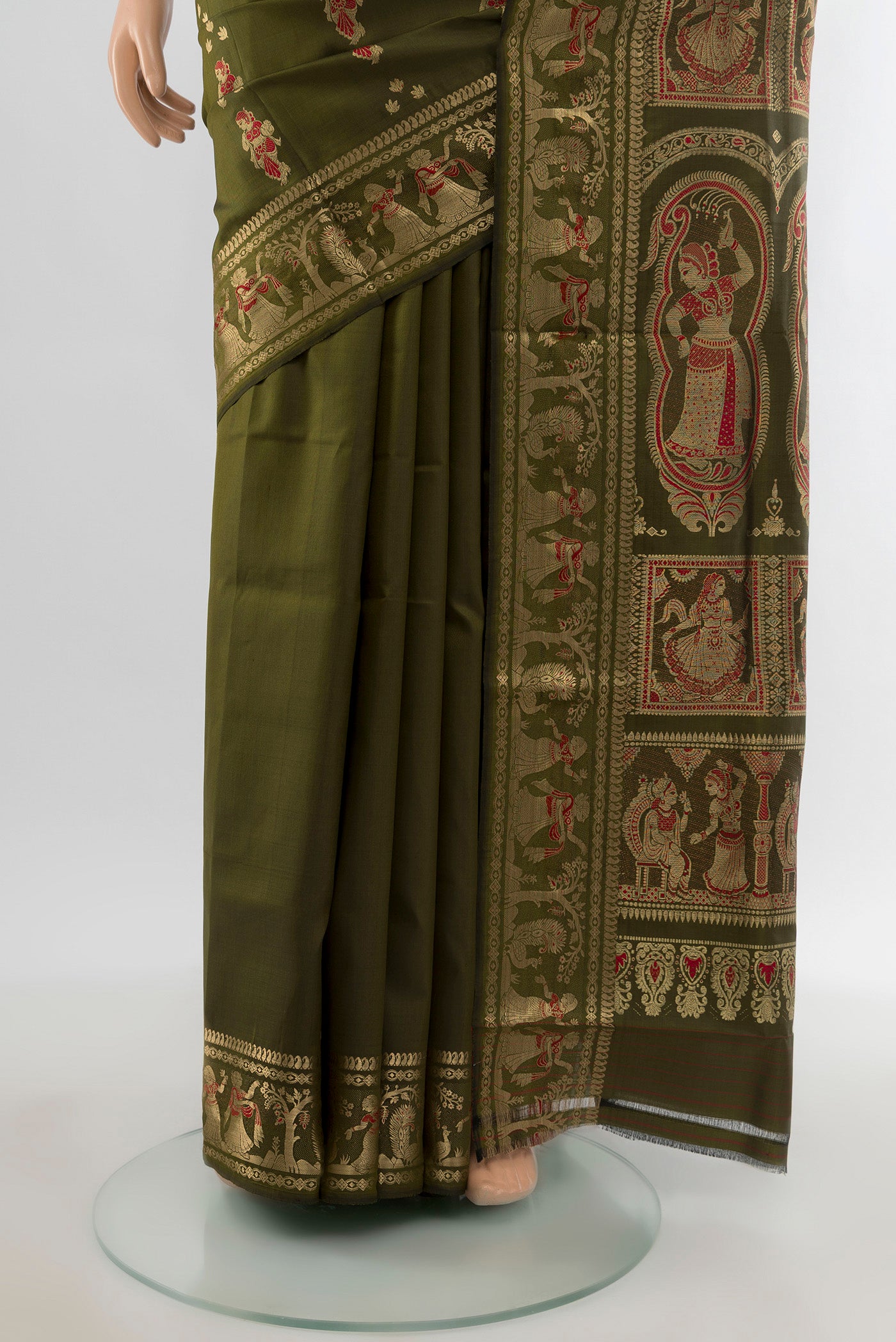 Pleats and pallu of Mehandi Green Baluchari Silk Saree with Zari Butta on the body and Zari Border. 