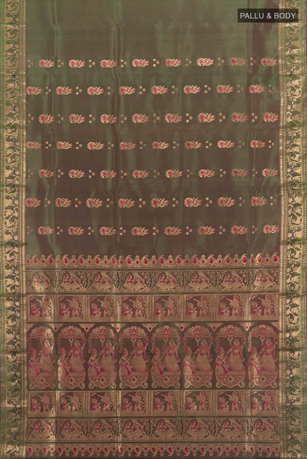 Flat view of Pure Silk Green Baluchari Saree with Thread Butta on the body and Zari Border. 