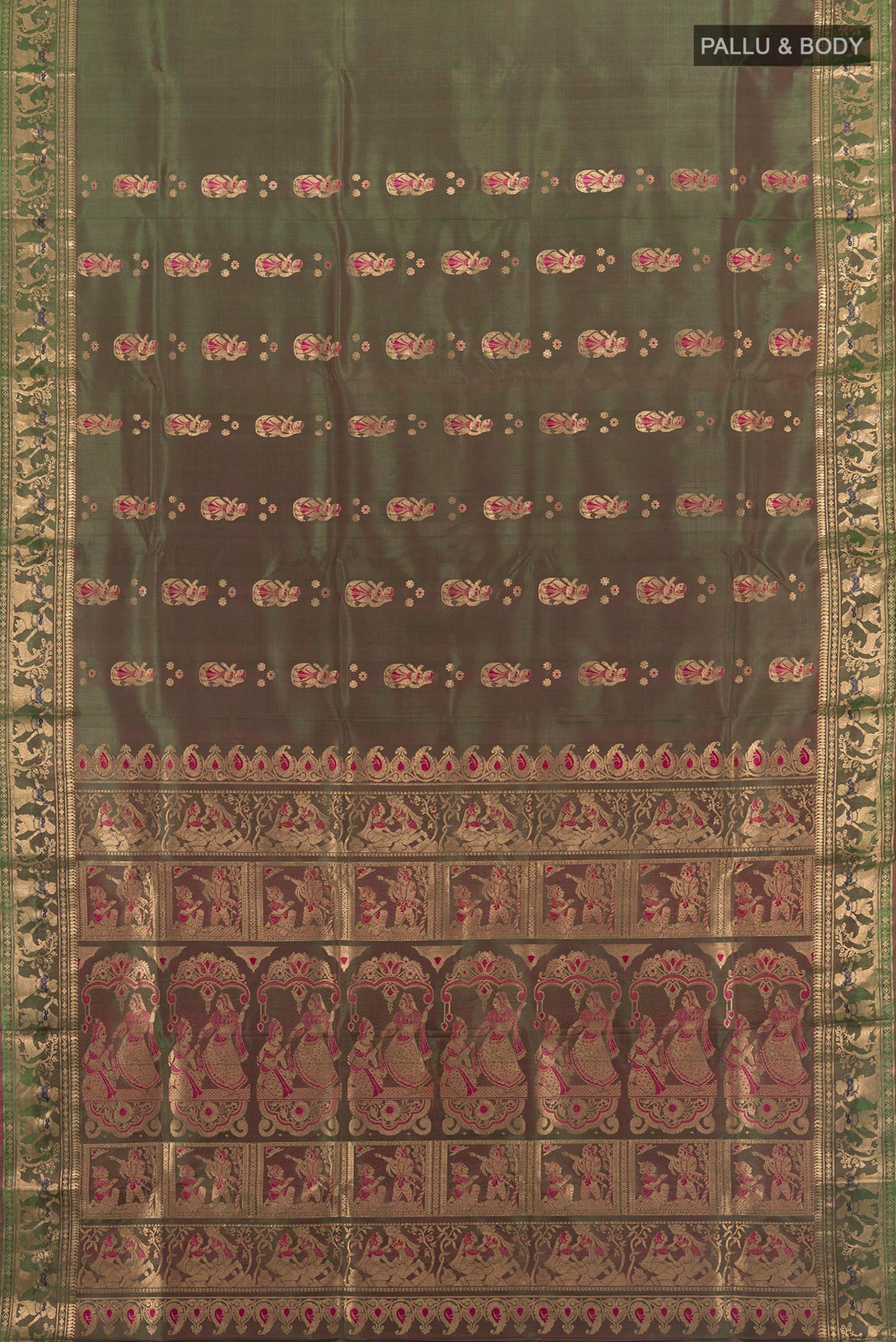 Flat view of Pure Silk Green Baluchari Saree with Thread Butta on the body and Zari Border. 
