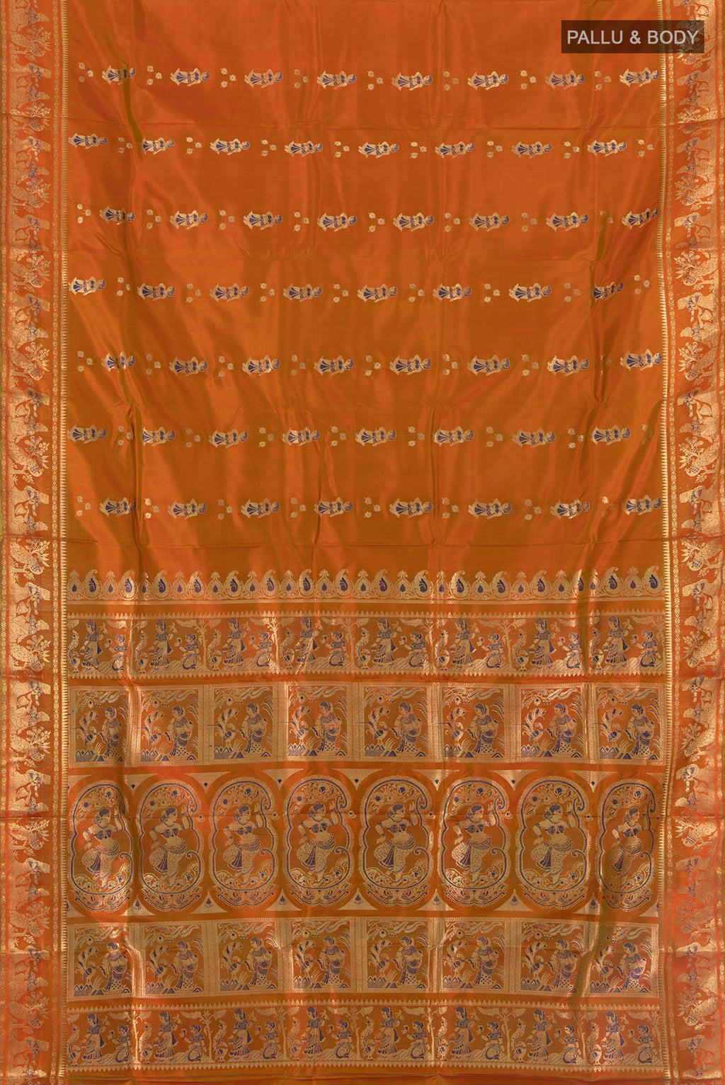 Flat view of Pure Silk Rust Baluchari Saree with Zari And Thread Butta on the body and Zari Border. 
