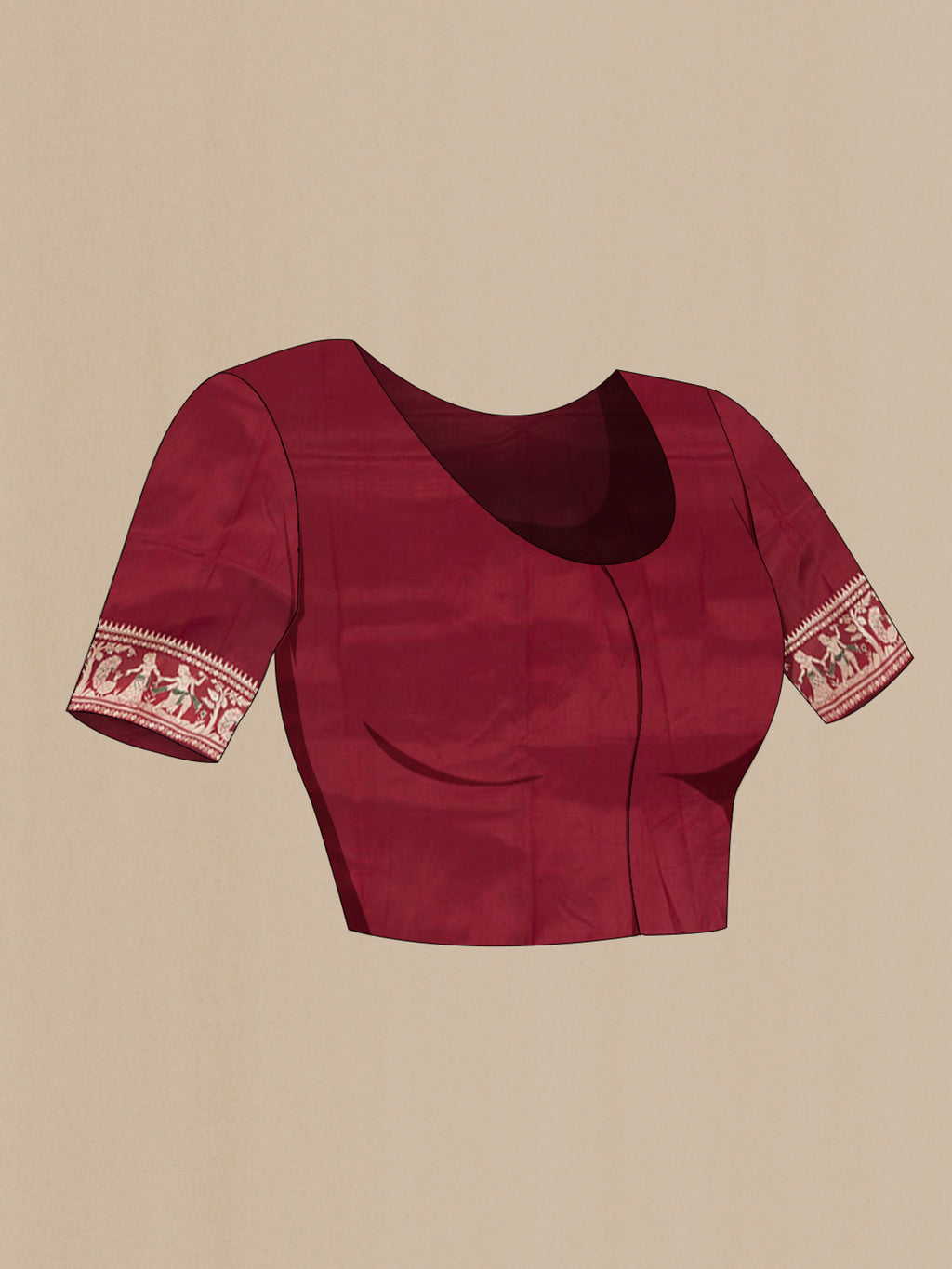 Close up image of the blouse of Maroon Baluchari Silk Saree with Zari Butta on the body and Silk Border. 