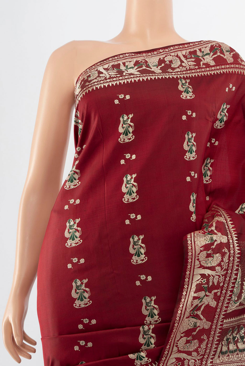 Border image of Maroon Baluchari Silk Saree with Zari Butta on the body and Silk Border. 