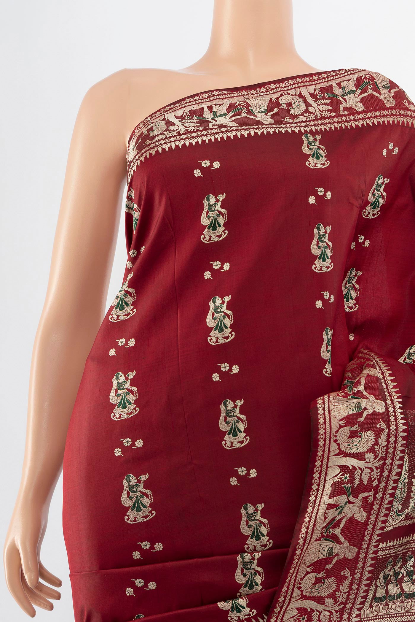 Border image of Maroon Baluchari Silk Saree with Zari Butta on the body and Silk Border. 