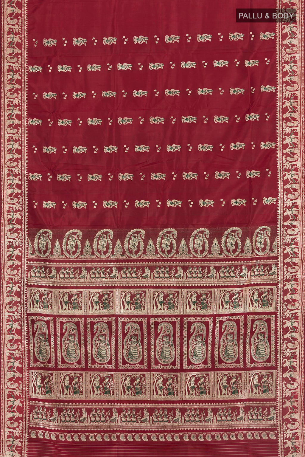 Flat view of Maroon Baluchari Silk Saree with Zari Butta on the body and Silk Border. 