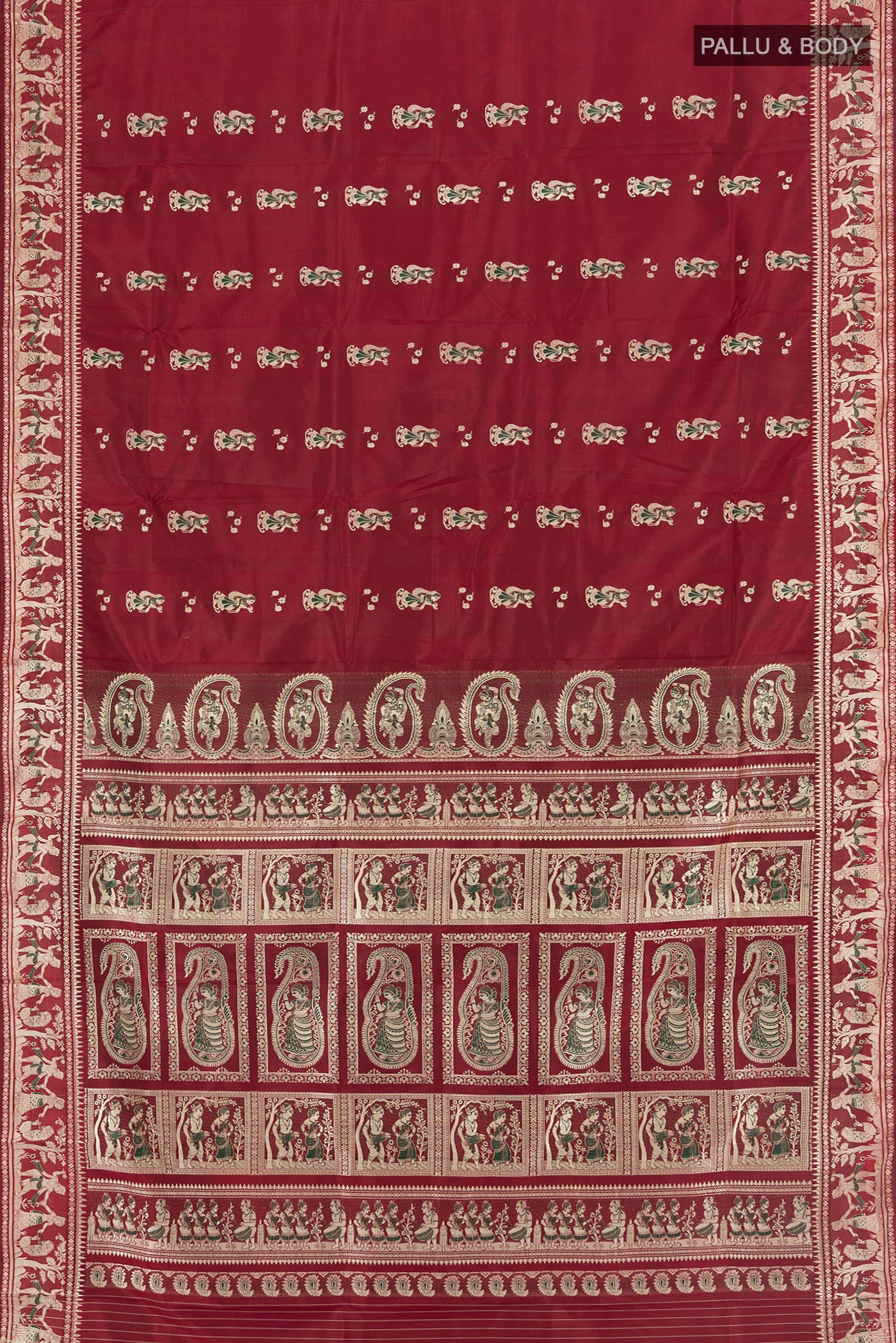 Flat view of Maroon Baluchari Silk Saree with Zari Butta on the body and Silk Border. 