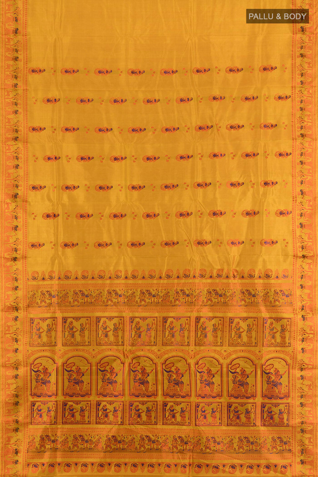 Flat view of Pure Silk Mustard Baluchari Saree with Thread Butta on the body and Thread Border. 