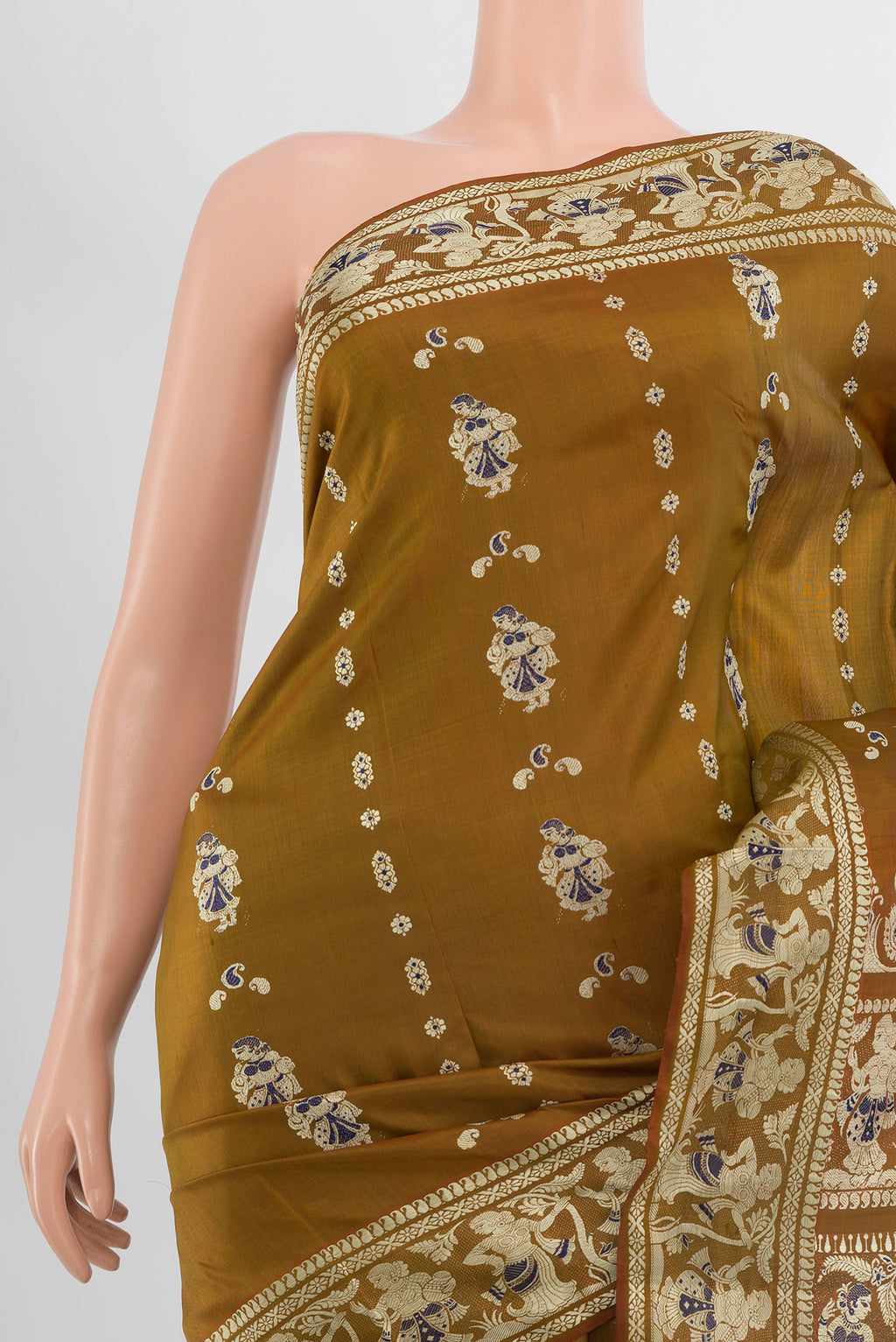 Border image of Mehandi Green Baluchari Silk Saree with Thread Butta on the body and Silk Border. 