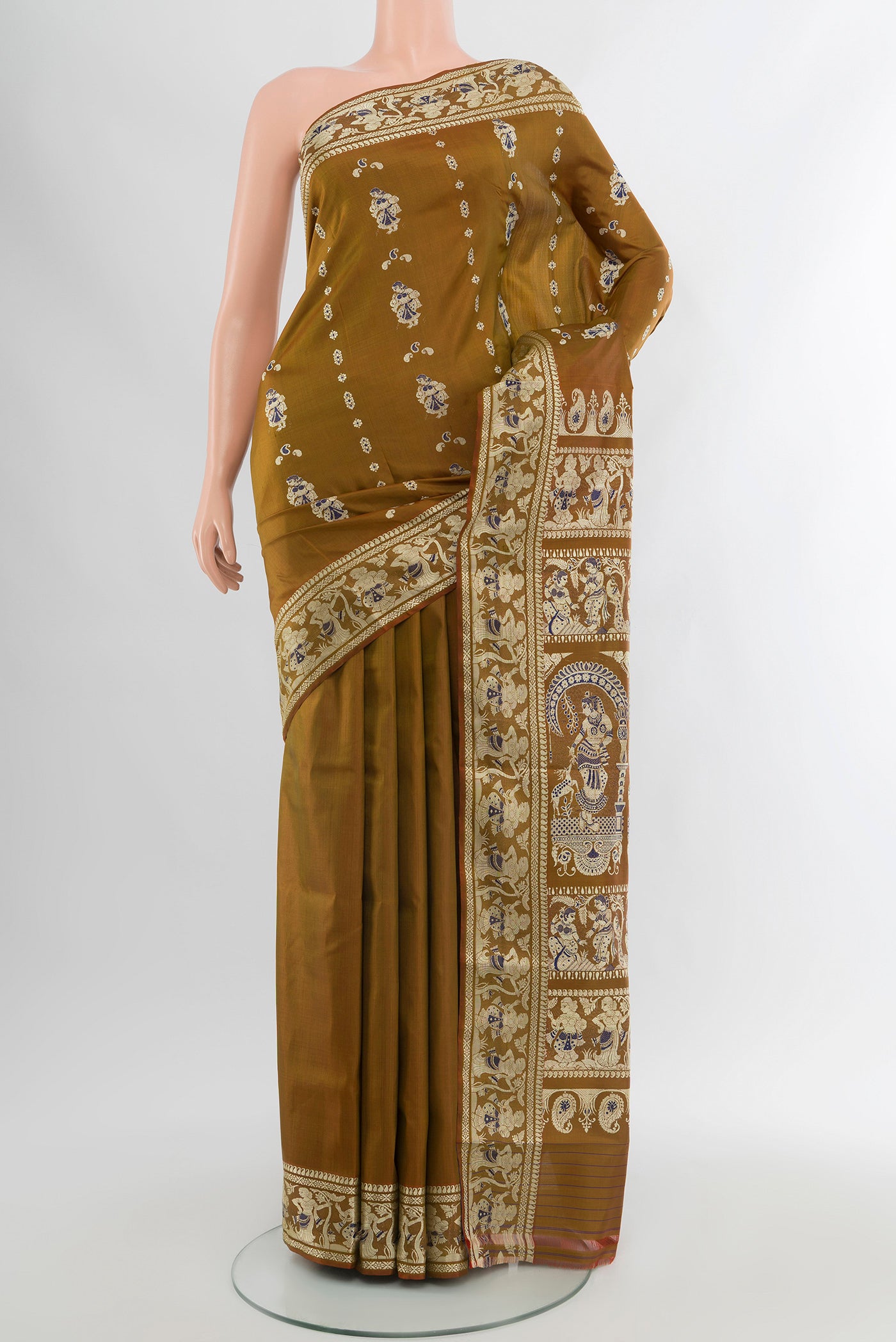 Mehandi Green Baluchari Silk Saree with Thread Butta on the body and Silk Border.  displayed on a mannequin